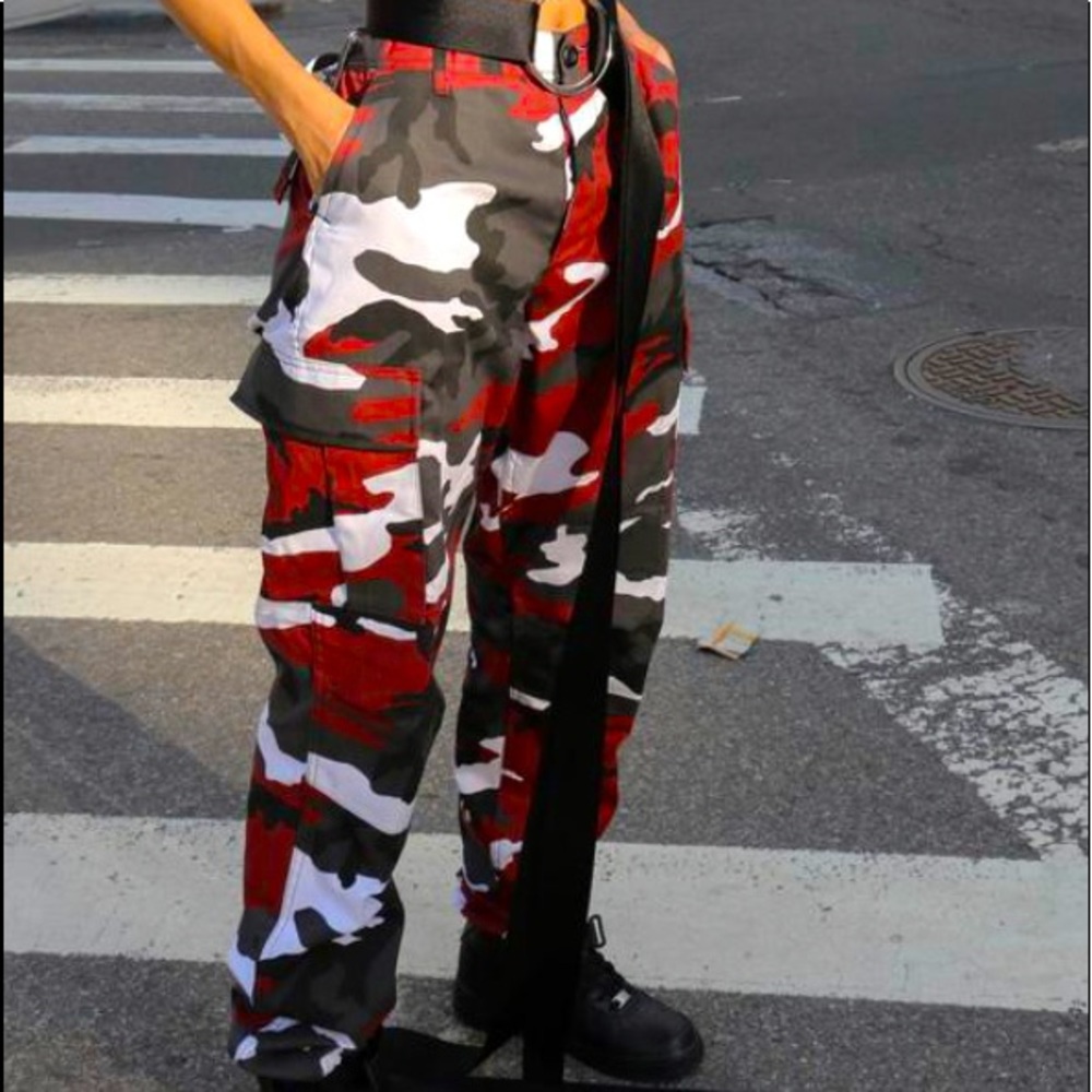 Grey black white and red camo joggers